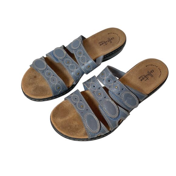 Clarks Collection Leisa Cacti Comfort Slide Sandals Leather Denim Blue 10M - Picture 3 of 12